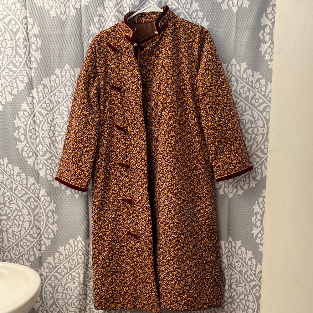 Floral Long Coat with Burgundy Accents